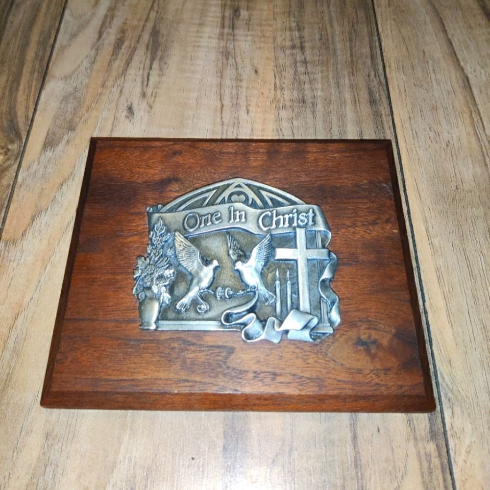 Concordia Publishing House 1980's Pewter On Walnut Religious Inspirational Decor